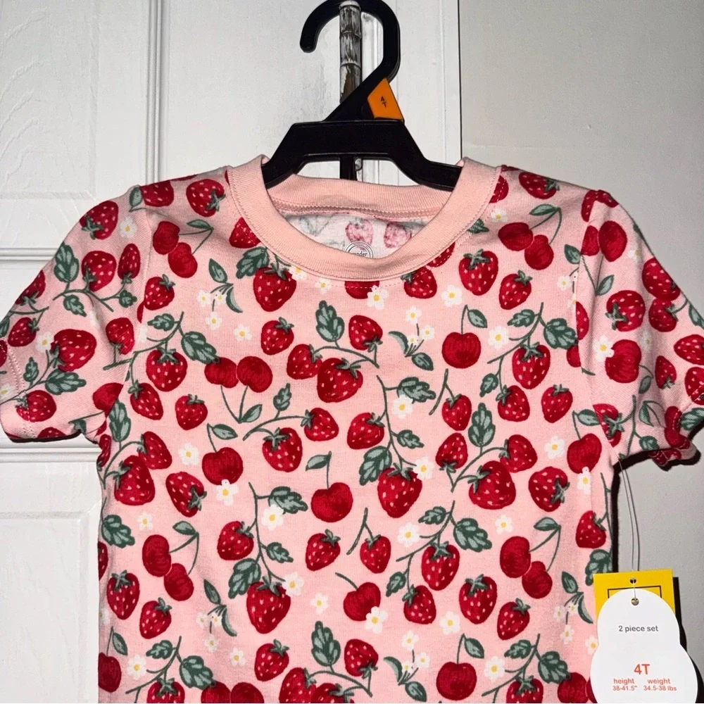 Wonder Nation Toddler Girl Pajama Set 4T  Pink Strawberry Cotton Snug Fit 2pc